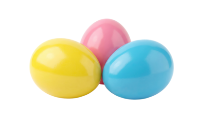 Colorful decorative eggs in yellow pink and blue arranged together isolated on a neutral background with png background