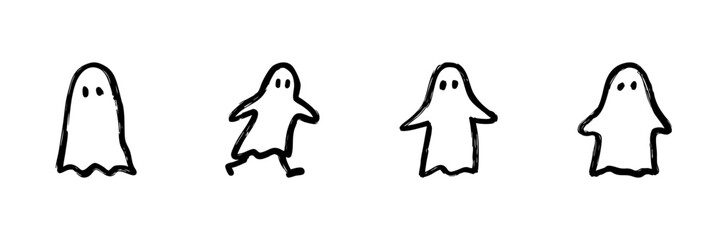 Ghost Character Line Icon Set In Doodle Style. Halloween Spirit, Spooky Cartoon, And Playful Ghostly Figures Outline Sketch Collection. Hand Drawn Isolated Vector Illustration