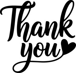 Handwritten Thank You text with a heart symbol elegant calligraphy for appreciation and gratitude isolated on white background