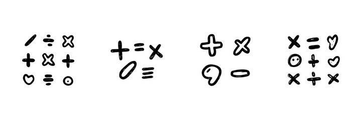 Obraz premium Mathematical Symbols And Shapes Line Icon Set In Doodle Style. Arithmetic Operations And Geometric Shapes Outline Sketch Collection. Educational And Creative Elements. Hand Drawn Vector Illustration
