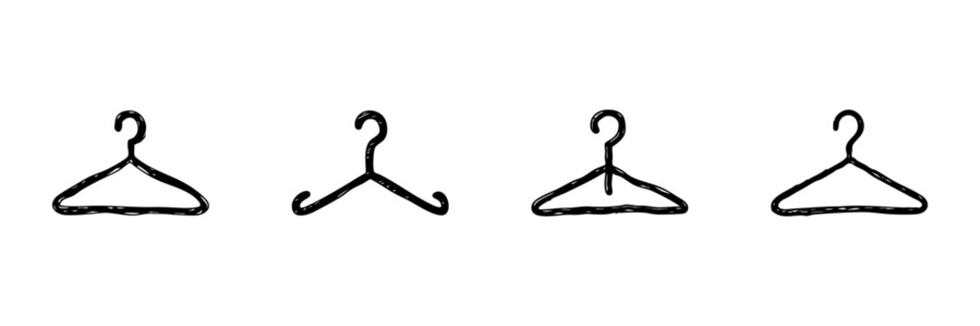 Clothing Hanger Line Icon Set In Doodle Style. Wardrobe Organization And Garment Care Outline Sketch Collection. Closet Storage Solutions. Hand Drawn Isolated Vector Illustration