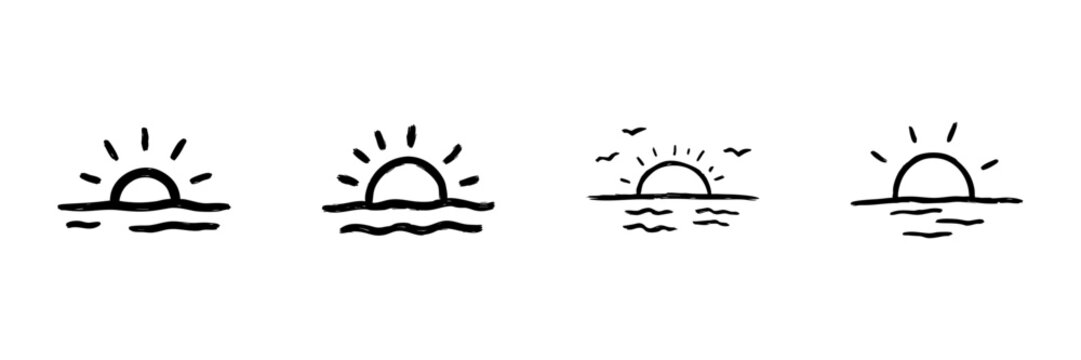 Sunrise And Sunset Line Icon Set In Doodle Style. Nature'S Beauty, Tranquility, And New Beginnings Outline Sketch Collection. Hand Drawn Isolated Vector Illustration