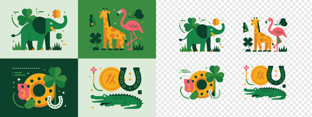 A friendly green elephant stands near a lucky four leaf clover and a golden coin