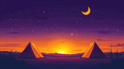 Sunset camping desert, starry night sky, peaceful scene, travel
