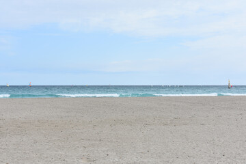 Poetto beach in spring, Cagliari, Sardinia, Italy.  Holidays in Sardegna. Travel to Italy. Travel and tourism concept. Mediterranean Sea. White sandy beach. 