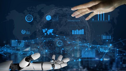 A robotic hand reaches out towards a human hand, symbolizing the connection between technology and humanity amidst a backdrop of dynamic data visualization. Xenic