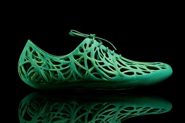Innovative green 3D printed shoe with intricate lattice design on black background