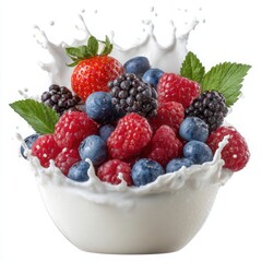 Fresh mixed berries splashing into cream in a white bowl with mint leaves