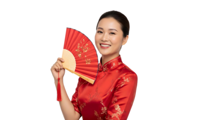 Smiling young Asian woman in traditional red cheongsam holding a decorative red fan, looking at the camera with a happy expression.