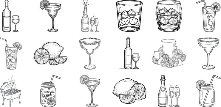 Collection of various cocktail glasses and bottles illustrations