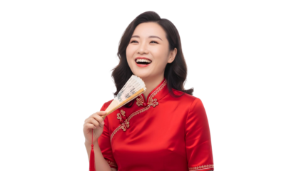 A joyful Asian woman in a red traditional Chinese dress holding a fan and laughing happily.