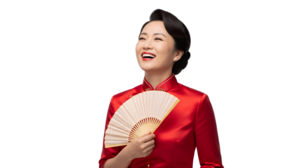 Elegant Asian woman in a red traditional dress holding a fan, smiling gracefully against a white background.