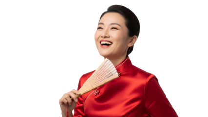 A joyful Asian woman in a red traditional dress holding a fan, smiling brightly against a white background.