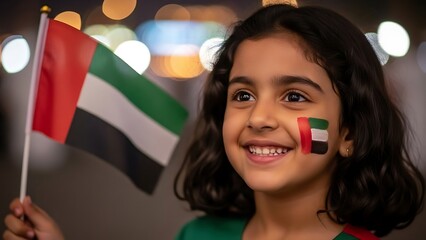 Joyful close-up portrait of a young Emirati girl with a UAE flag face paint celebrating National Day.


