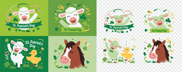 Fototapeta premium Adorable cartoon farm animals celebrate St Patricks Day with cheerful smiles and lucky shamrock decorations