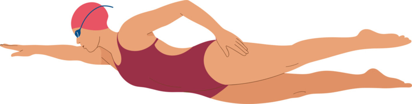 Female swimmer in red swimsuit and goggles performing front crawl stroke, professional athlete water sports vector