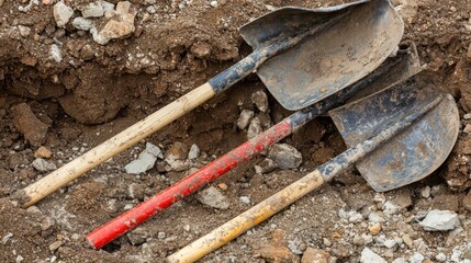 Three heavy duty shovels with worn wooden handles rest in loose dirt at an outdoor construction site