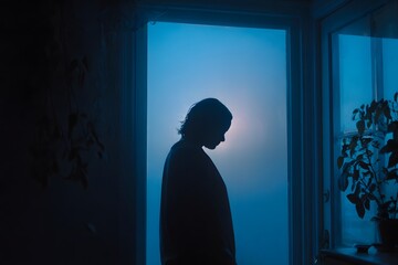 Silhouette of a person standing near a window, illuminated by soft blue light, creating a serene atmosphere with plants in the background, evoking a sense of contemplation and tranquility