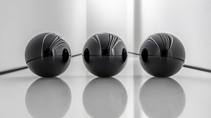 Three perfectly polished smooth black obsidian spheres arranged in a symmetrical, reflective line on a clean white surface