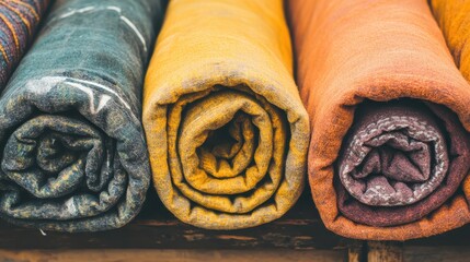 Three rolled up textiles in warm natural colors showing texture and pattern with a cozy inviting feel