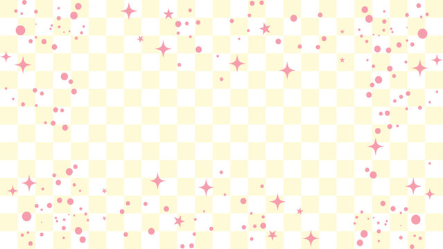 Pastel yellow and white checkered background with pink stars and dots, festive and celebratory design element for party invitations or social media graphics