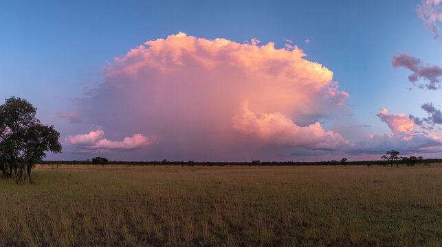 A dramatic sunset paints the sky with intense crimson and gold hues illuminating a large, fluffy cloud over a vast open field.