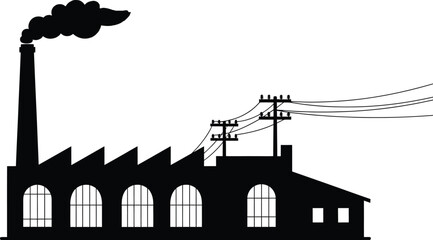 Industrial factory with smoking chimney and power lines