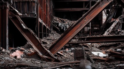 Twisted and contorted industrial steel beams lie amidst the debris of a destroyed structure