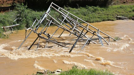Twisted metal scaffolding partially submerged in muddy swirling water with surrounding green vegetation
