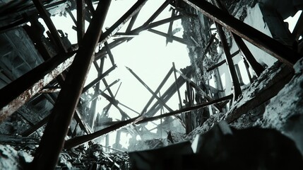 Twisted metal scaffolding sections bent and broken creating a frame of debris against a bright sky