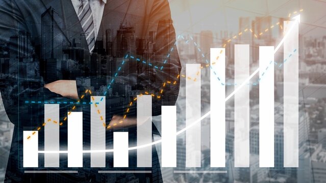 A confident businessman stands with arms crossed in front of a city skyline, overlaying financial graphs that signify growth, strategy, and future success in business. Copula - Powered by Adobe