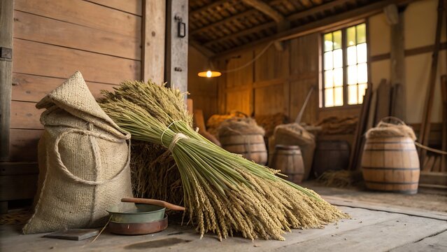 Bundled Rice Sheaves Resting in a Rustic Barn
