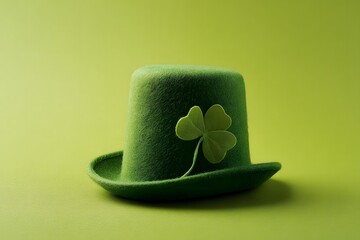Green felt top hat adorned with a shamrock, set against a vibrant green background, symbolizing St Patricks Day celebrations and festive spirit