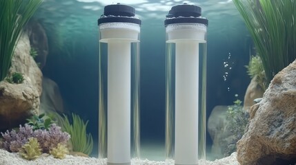 Two transparent water filter cylinders with white filter elements inside submerged in an aquarium with green plants and rocks