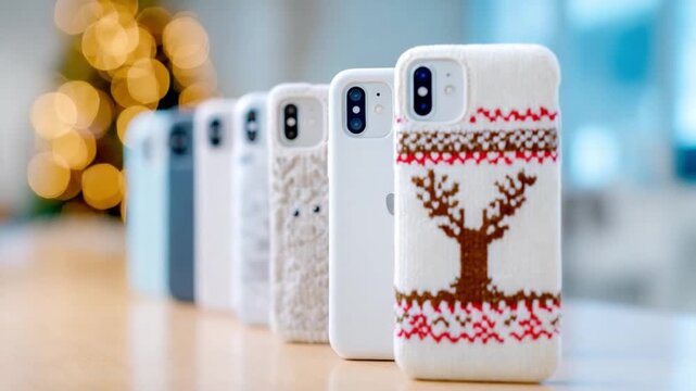 Tech Style: A line of smartphones, showcasing stylish cases with holiday patterns. The warm bokeh backdrop adds a festive feel.