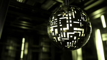 A futuristic metallic sphere with geometric patterns is illuminated from within, casting a glow against a dark interior background