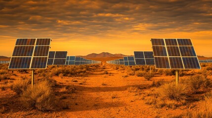 Vast field of temporary solar panels generating clean energy under a dramatic orange sky in a desert landscape with distant mountains