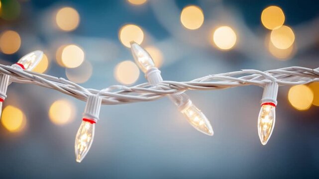 Festive String Lights: A close-up shot of a string of glowing lights, creating a warm, inviting atmosphere and perfect for holiday or celebratory scenes. 