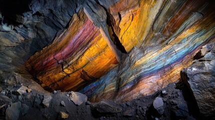 Vibrant colorful geological layers of sediment revealed in a rock formation