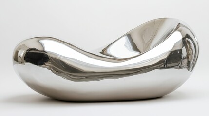 A gleaming abstract chrome sculpture with smooth curves rests on a white background