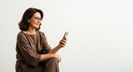 A relaxed Spanish woman in her 60s with stylish glasses and brunette hair sitting and looking at a smartphone positioned to the left side on a light background, copy space