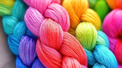 Vibrant multicolored silk threads braided together in a close up view showcasing their intricate texture and rich colors