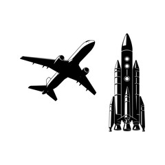Fototapeta premium Airplane and Rocket Ship Silhouette Comparison.