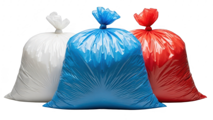 Three colored garbage bags in a row isolated on transparent background