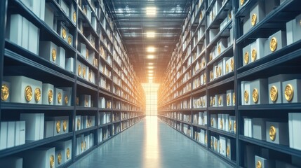 Warehouse interior showing shelves of boxes and bright lighting