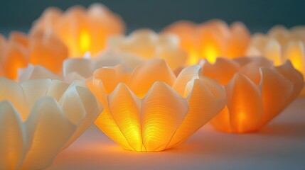 Warm orange paper lanterns with delicate folded petals glow softly in ambient light creating a festive atmosphere for decoration