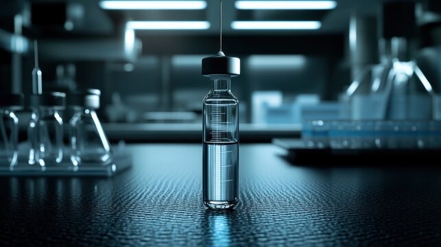 A glass syringe filled with translucent vaccine solution sits on a laboratory table with a sterile medical setting in the background