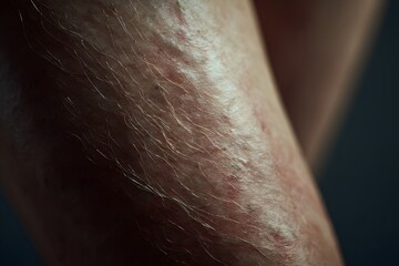 Ultra-realistic macro portrait of human skin texture, showcasing fine hair and subtle imperfections, highlighting the beauty of natural skin in a close-up view with copy space