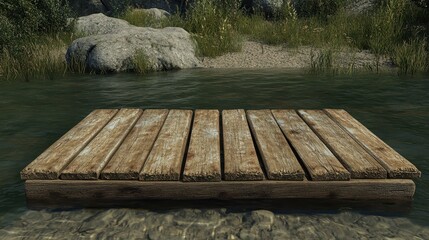 Weathered wooden planks forming a rustic dock next to calm water with natural vegetation and rocks in the background