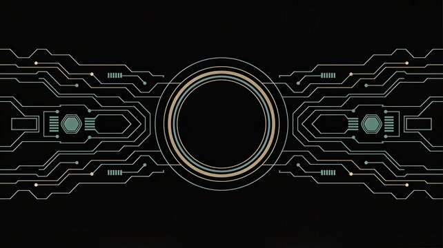 Futuristic circuit board design with glowing gold and blue lines on black background - Powered by Adobe